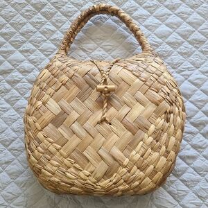 Vintage Women Basket Weave Purse Natural Woven Ratan Unique Summer Top Hand Bag